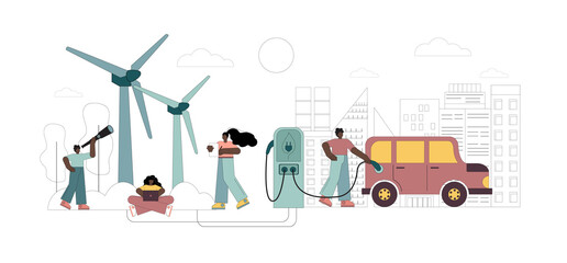 Wind generator. Refueling an electric car. Alternative energy sources. Vector flat illustration