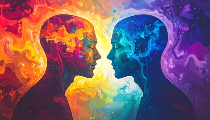 Two figures facing each other, heads filled with vibrant colors