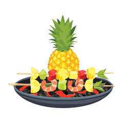 Delicious Pineapple BBQ Skewers on a Plate with Garnish - Vector Illustration