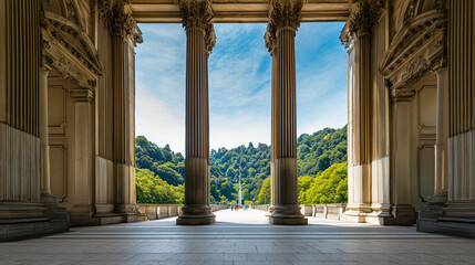 Fototapeta premium An elegant residence with classical columns, framed by blue skies and lush greenery.