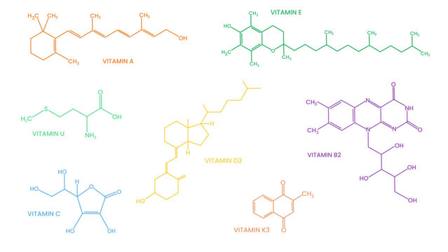 Vector set of 7 common vitamin molecule structures including Vitamin A, E, U, C, D3, K3 and B2. Perfect for education, chemistry, biology, nutrition, science and medical illustration themes