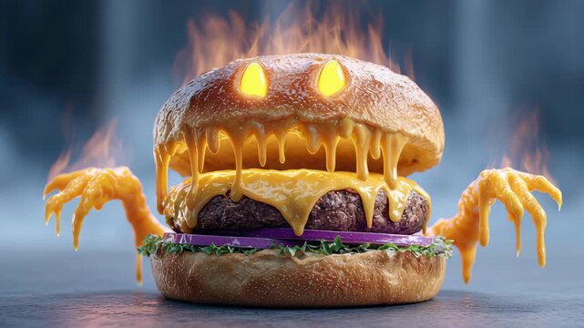 Fiery monster burger with glowing eyes and melted cheese, showcasing a whimsical character design, surrounded by flames, capturing the playful essence of a fantastical culinary creation