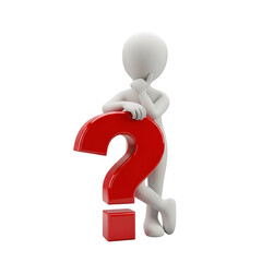 3d icon of 3d white figure man person leaning on a large red question mark, thinking, isolated on transparent background