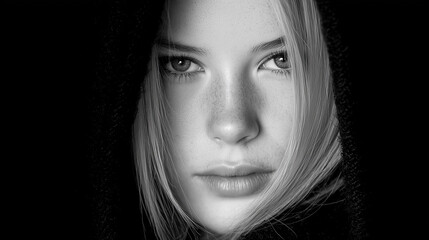 Black and white portrait of a girl on a dark background.