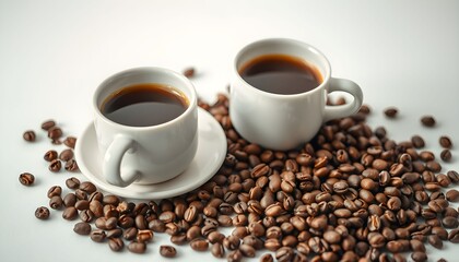 Two cups of black coffee rest on a bed of roasted coffee beans.