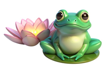 Cartoon frog sitting near a pink lotus flower art