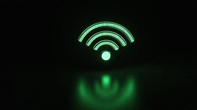 3d rendering, wifi icon green light glowing, black colour background, copy space - Powered by Adobe