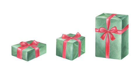 Set of green and red Gift Boxes with bows. Watercolor illustration of a birthday or Christmas present. Hand drawn vintage sketch on white isolated background. Water color painting art image