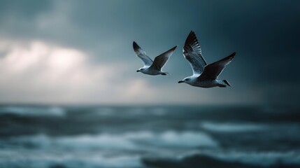 Seagulls soaring over the dramatic ocean