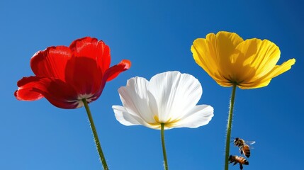 Obraz premium A trio of flowers in red, white, and yellow stand against a clear blue sky.