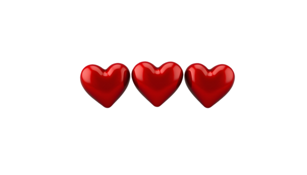 Three glossy red hearts on transparent background