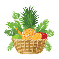 A Basket of Tropical Fruits with Pineapple and Mango - Vector Illustration