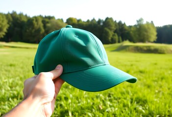 A hand holds a vibrant green baseball cap outdoors against a backdrop of a sunlit, verdant field and trees.