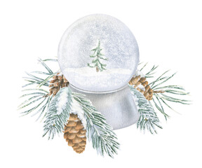 Snow Globe with a Christmas tree. Watercolor illustration of a snowball. Hand drawn holiday sketch of Snowglobe on white isolated background. Water color painting. Print for cards or decoration