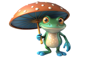 A cartoon frog holding a mushroom as an umbrella