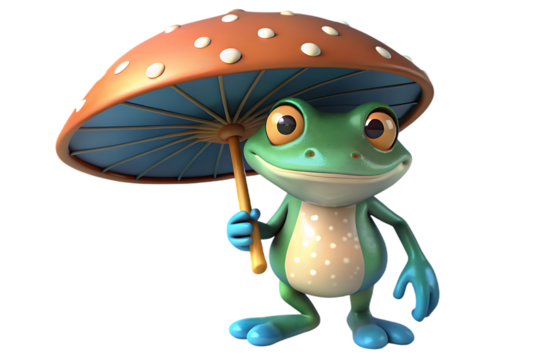 A cartoon frog holding a mushroom as an umbrella
