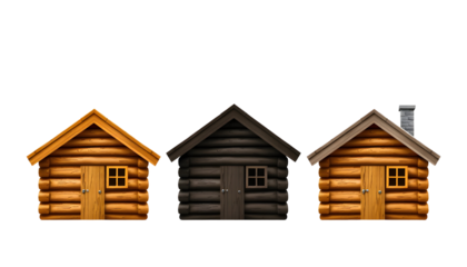 Three Rustic Log Cabins on Transparent Background
