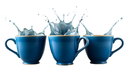 Cups of Water Splashing, Aqua Liquid, Splash, Blue Ceramic Mugs on Transparent, Refreshment