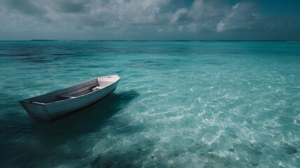Naklejka premium A small boat floating on the tranquil turquoise waters of a tropical paradise