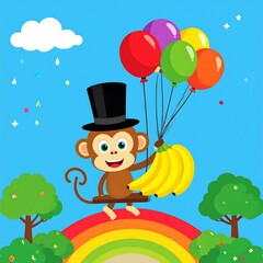 Obraz premium Monkey with bananas on rainbow