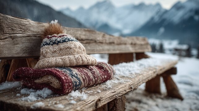 Knitted hat and blanket on snowy wooden bench in mountains