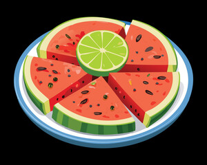 Slices of Fresh Watermelon and Lime on a Plate - Vector Illustration