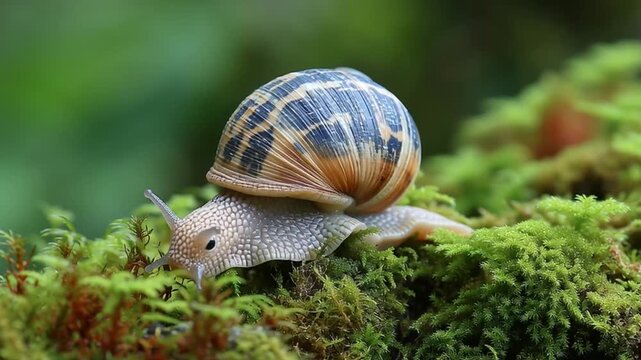 A detailed macro shot of a snail crawling on green moss, showcasing its unique shell pattern and natural habitat