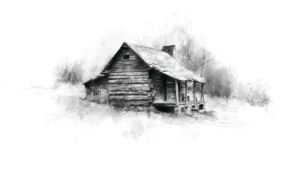 Sketchy illustration of a rustic cabin with a porch in a muted, gray forest setting