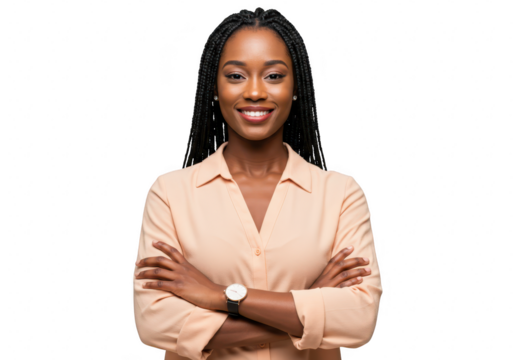 Confident young african american woman with braided hair smiling with arms crossed, wearing a light peach blouse and watch, isolated on transparent background