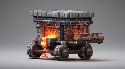 Medieval forge cart, stone and wood,  glowing fire