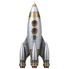 Photo of silver and gold rocket ship isolated on transparent background, ready for launch