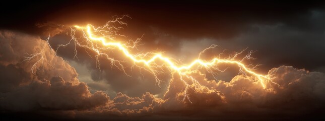 Dramatic lightning bolt across stormy clouds
