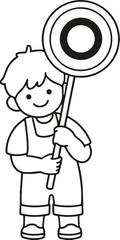 The boy holding a circular picket