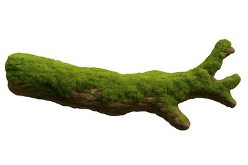 Moss-covered fallen tree branch resting on transparent backdrop, ideal for design projects