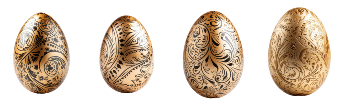 Golden easter eggs with intricate ornamental designs on a black background.