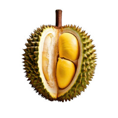 Durian fruit half opened, isolated white and transparent background.