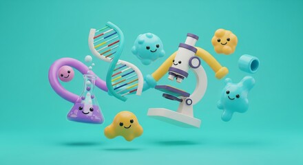 Naklejka premium Colorful 3D Science Elements with Cute Characters in Bright Setting
