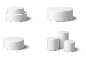 3D White Cylindrical Podium Set &ndash; Transparent Background Display Platforms in Multiple Arrangements for Product Presentation, Exhibition Design, Minimalist Branding, and Showcase Concepts