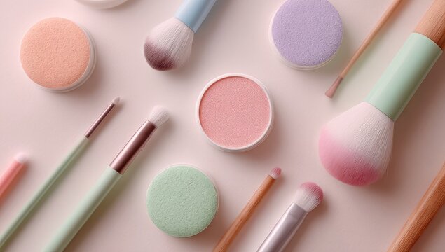 Pastel makeup laid out with brushes and applicators, soft focus