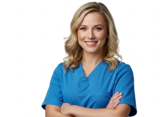 Smiling female nurse in blue scrubs with arms crossed, isolated on transparent background