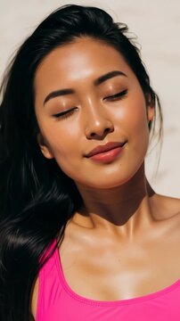 Young asian woman with closed eyes and sunlit face wearing a pink top, featuring sun protection and skincare concept video.