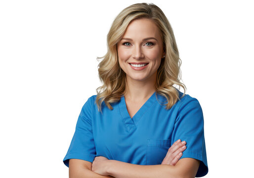 Smiling female nurse in blue scrubs with arms crossed, isolated on transparent background