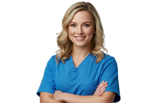 Smiling female nurse in blue scrubs with arms crossed, isolated on transparent background