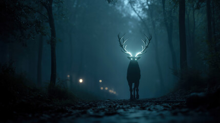Fototapeta premium A mystical deer illuminated in a dark forest.