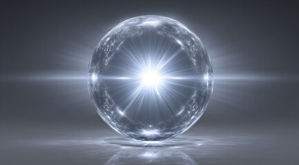 Luminous orb radiating light, reflecting on a surface