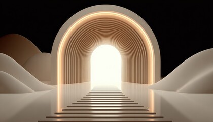 Illuminated arched gateway leads to bright light, flanked by soft hills