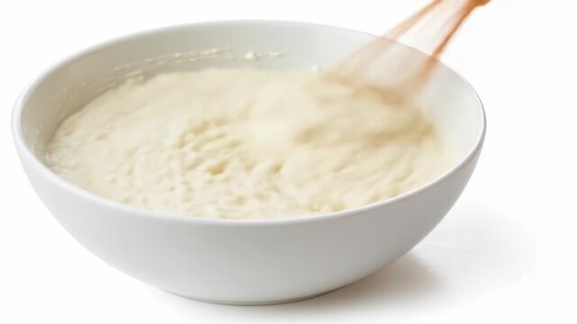 Creamy batter stirred in a bowl with a whisk on a white background
