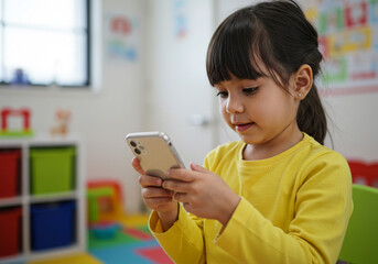Little girl in yellow shirt looks at smartphone in playroom with colorful background blur