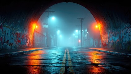Foggy urban tunnel at night