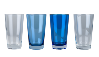Four colorful drinking glasses of different shades on transparent background